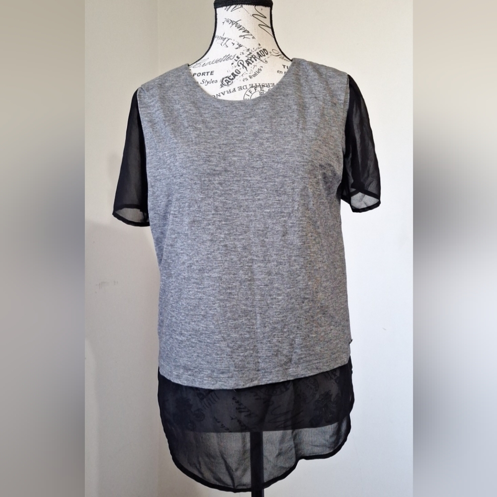 Armani Exchange Gray Knit Tee with Sheer Black Short Sleeves